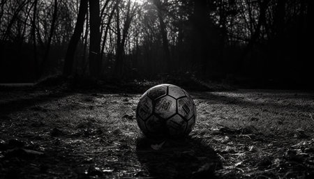 Playing soccer in the abandoned forest, kicking black ball on grass generated by artificial intelligenceの素材