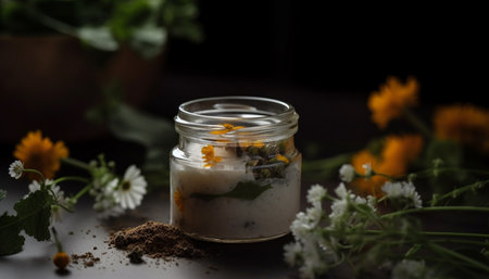 Fresh organic daisy in rustic jar brings beauty to table generated by artificial intelligenceの素材