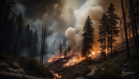 Burning forest fire destroys natural beauty in rural landscape at dusk generated by artificial intelligenceの素材