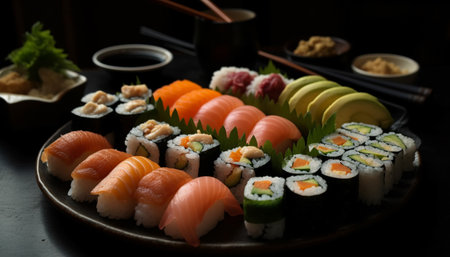 Fresh seafood plate with maki sushi and nigiri, Japanese culture generated by artificial intelligenceの素材