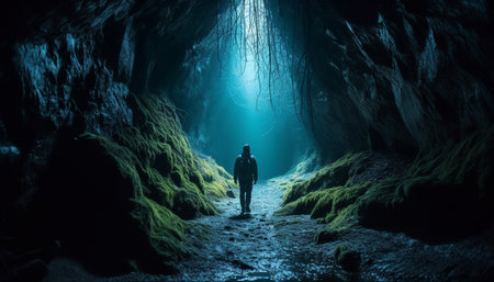 One person hiking deep underwater, silhouette of a mystery explorer generated by artificial intelligenceの素材