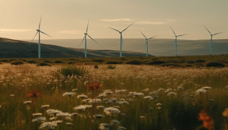 Wind turbines turning in a row, powering rural landscapes sustainably generated by artificial intelligenceの素材