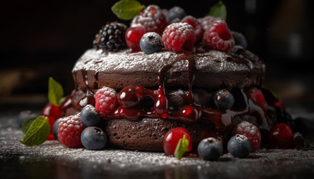Fresh berry dessert with chocolate sauce on rustic wood table generated by artificial intelligenceの素材