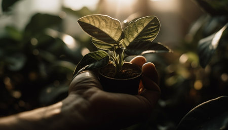 Man holding fresh seedling, planting new life in nature growth generated by artificial intelligenceの素材