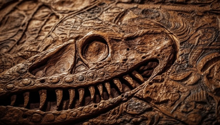 Ancient reptile markings on old crocodile skull, prehistoric era relic generated by artificial intelligenceの素材