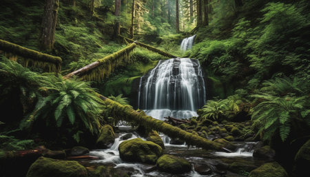 Tranquil tropical rainforest with flowing water, green foliage, and rocky terrain generated by artificial intelligenceの素材