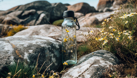 Healthy lifestyle adventure hiking mountain peak for refreshing water drink generated by artificial intelligenceの素材