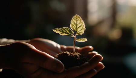New life begins outdoors as human hand holds seedling for planting generated by artificial intelligenceの素材
