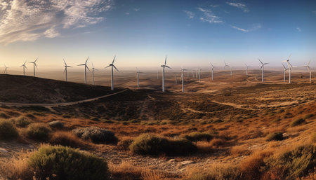 Wind turbines spinning in a row, fueling sustainable power growth generated by artificial intelligenceの素材