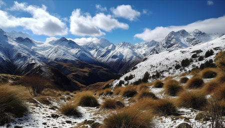 Mountain peak adventure hiking through extreme terrain, majestic panoramic landscape generated by artificial intelligenceの素材