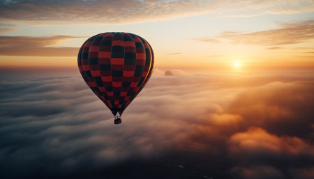 Romantic adventure in nature hot air balloon flying high up generated by artificial intelligenceの素材