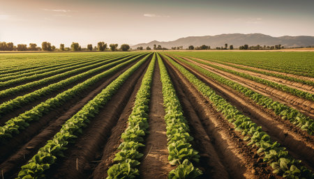 Organic agriculture grows fresh vegetables in a rural meadow landscape generated by artificial intelligenceの素材