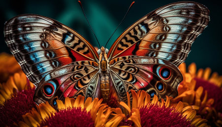 Vibrant butterfly wing showcases nature beauty in multi colored pattern generated by artificial intelligenceの素材