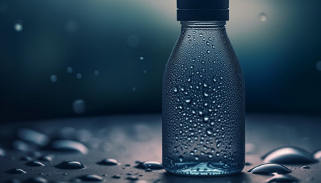 Transparent bottle of purified water with dew drops and bubbles generated by artificial intelligenceの素材