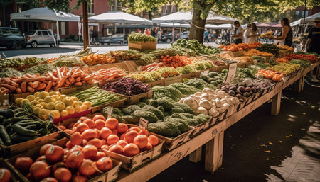Fresh organic fruits and vegetables for sale at outdoor market generated by artificial intelligenceの素材