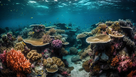 Multi colored fish swim in the beautiful underwater Caribbean reef landscape generated by artificial intelligenceの素材