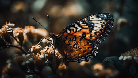 Vibrant butterfly wing pattern on yellow flower in tranquil nature generated by artificial intelligenceの素材