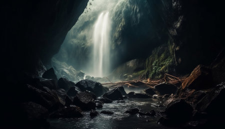 Tranquil scene of majestic mountain range with flowing water and reflection generated by artificial intelligenceの素材