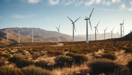 Wind turbine turning, generating sustainable energy for environmental conservation generated by artificial intelligenceの素材