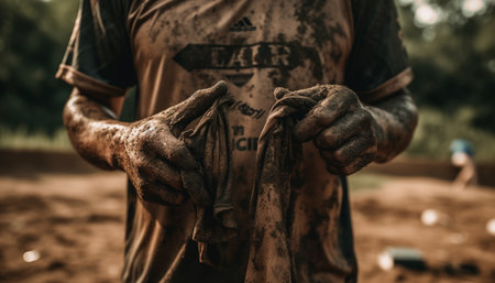 Dirty men working outdoors in rural industry with muddy hands generated by artificial intelligenceの素材