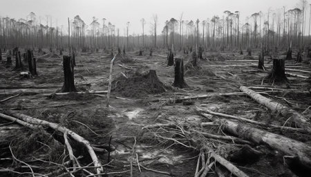 Tranquil forest landscape damaged by industry environmental destruction generated by artificial intelligenceの素材