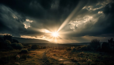 Photo for Idyllic rural scene with dramatic sky over mountain range at dusk generated by artificial intelligence - Royalty Free Image