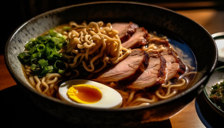 Healthy pork ramen soup with fresh vegetables and chopsticks generated by artificial intelligenceの素材