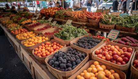 Abundance of fresh, ripe, multi colored fruits in a large basket generated by artificial intelligenceの素材