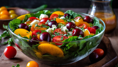 Fresh organic vegetarian salad bowl with multi colored gourmet vegetables generated by artificial intelligenceの素材
