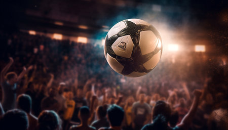 Soccer fans cheer in the glowing night, celebrating success generated by artificial intelligenceの素材