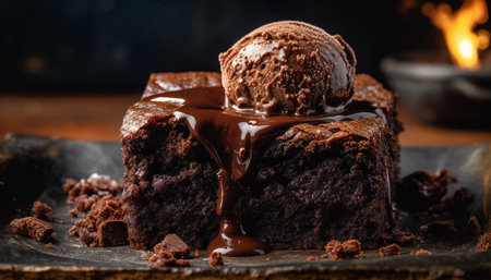 Indulgent homemade dark chocolate brownie with hazelnut fudge sauce generated by artificial intelligenceの素材