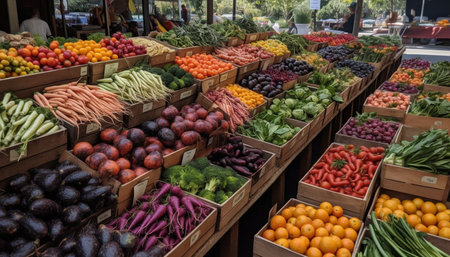 Abundance of juicy, ripe, multi colored fruits and vegetables for sale generated by artificial intelligenceの素材