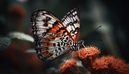 Vibrant butterfly wing pattern on yellow flower in tranquil nature generated by artificial intelligenceの素材