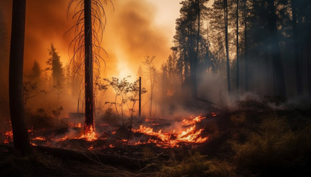 Yellow inferno destroys landscape, burning pine tree in summer heat generated by artificial intelligenceの素材