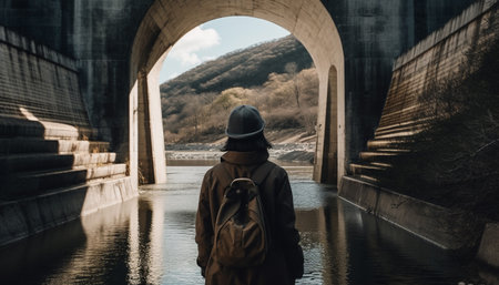 One person walking on a bridge, enjoying nature solitude generated by artificial intelligenceの素材