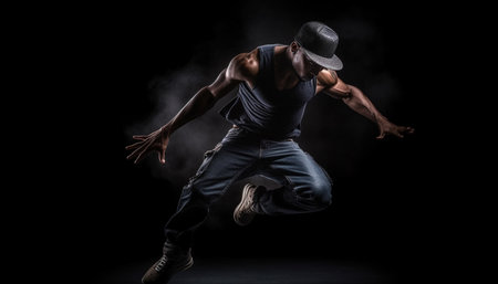 Muscular athlete performing breakdancing, showcasing strength and agility mid air generated by artificial intelligenceの素材