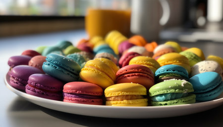Multi colored macaroon stack, a gourmet French dessert indulgence on plate generated by artificial intelligenceの素材