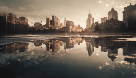 Modern city skyline reflects on waterfront at dusk, illuminating skyscrapers generated by artificial intelligenceの素材