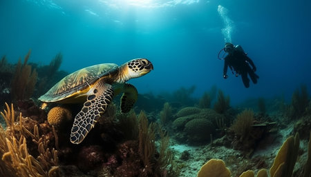 Deep sea diving adventure reveals stunning underwater beauty in nature generated by artificial intelligenceの素材