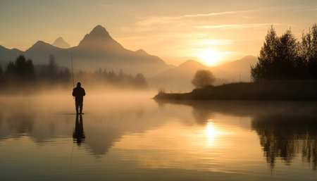 Silhouette of one person standing on mountain peak at sunrise generated by artificial intelligenceの素材
