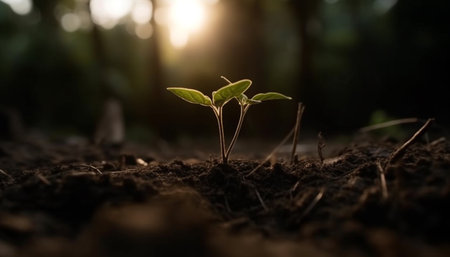 New life sprouts from the wet soil, a symbol of growth generated by artificial intelligenceの素材