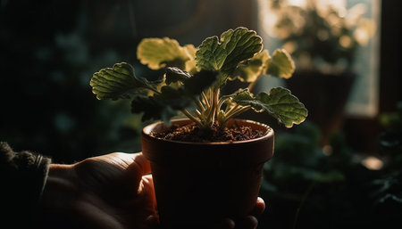 Hand holding fresh seedling for planting in vegetable garden outdoors generated by artificial intelligenceの素材