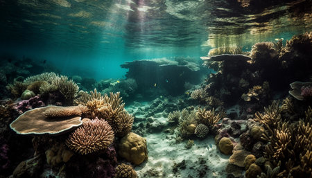 Idyllic underwater seascape showcases natural beauty of tropical aquatic animals generated by artificial intelligenceの素材