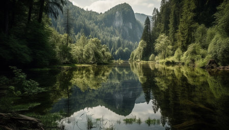 Tranquil scene of green forest, mountain reflection in pond generated by artificial intelligenceの素材