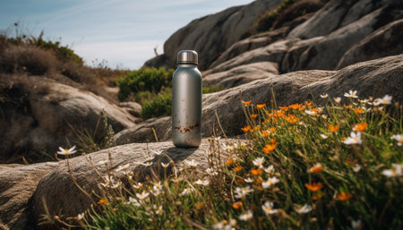 Fresh green grass and wildflowers adorn the uncultivated meadow landscape generated by artificial intelligenceの素材