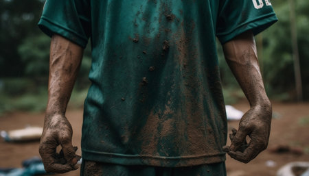 Dirty hands holding work tools on construction site, skilled men working generated by artificial intelligenceの素材