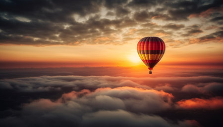 Multi colored hot air balloon flying high in tranquil sky generated by artificial intelligenceの素材