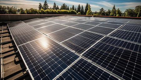 Solar panel technology generates clean electricity for sustainable industry generated by artificial intelligenceの素材