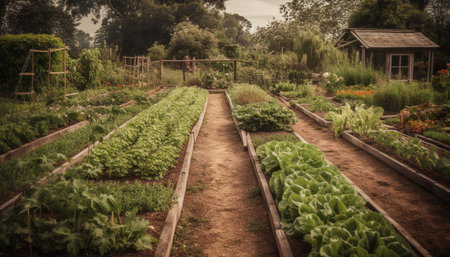 Fresh organic vegetables grown in a lush green vegetable garden generated by artificial intelligenceの素材