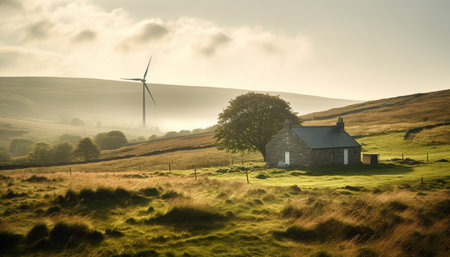 Wind turbines generate electricity on tranquil rural mountain landscape generated by artificial intelligenceの素材